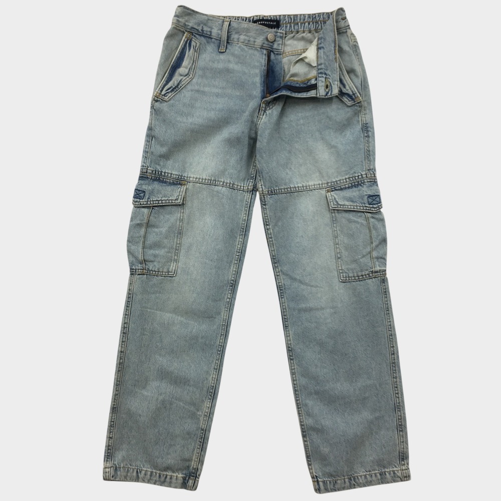 Aeropostale Mens Low Rise Cargo Jeans Light Wash Straight Leg Blue Denim Size 34
